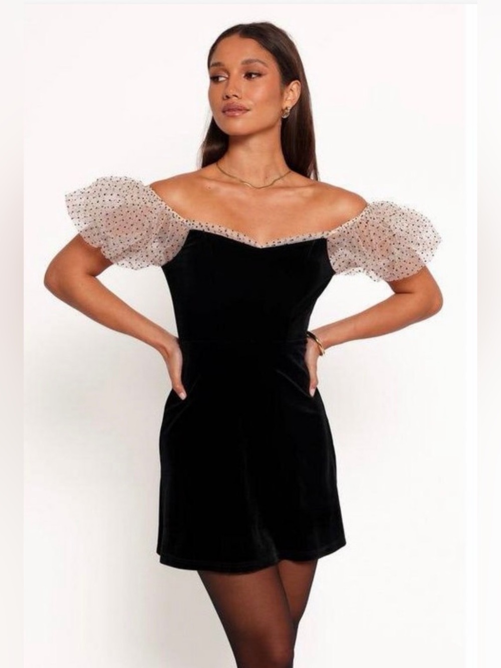 Petal & Pup Ennette Black Velvet Swiss Dot Puffโ Sleeve Mini Dress XL